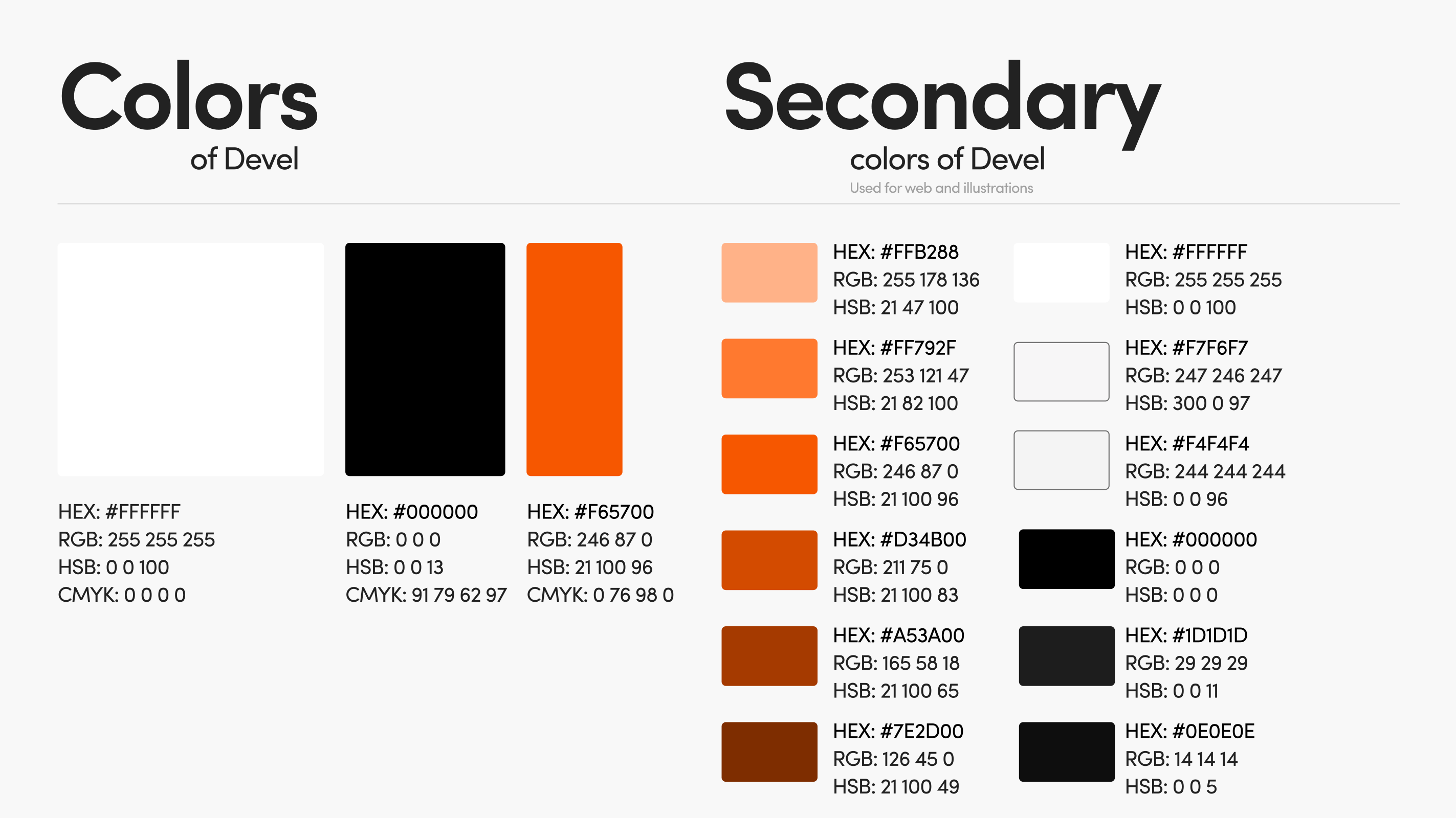 Devel örnek markasının renk sayfası: ana renkler (beyaz, siyah, turuncu #F65700) ve ikincil turuncu-kahve tonları, HEX/RGB/HSB değerleriyle